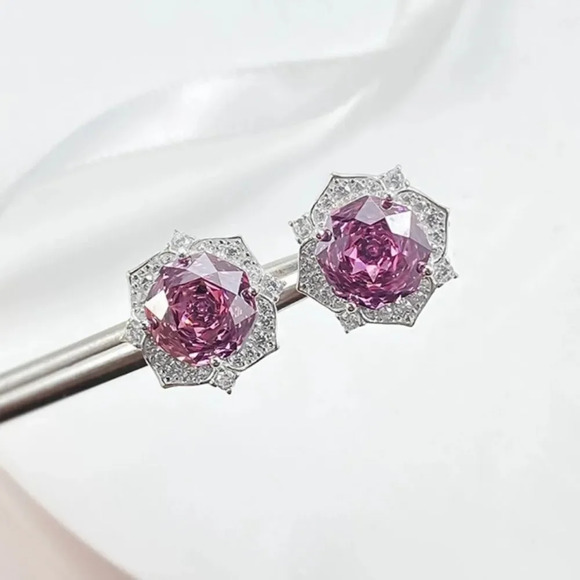4CT Rose Purple Paris Sapphire Millennium Cut Luxury Stud Earrings 8MM - Picture 5 of 9
